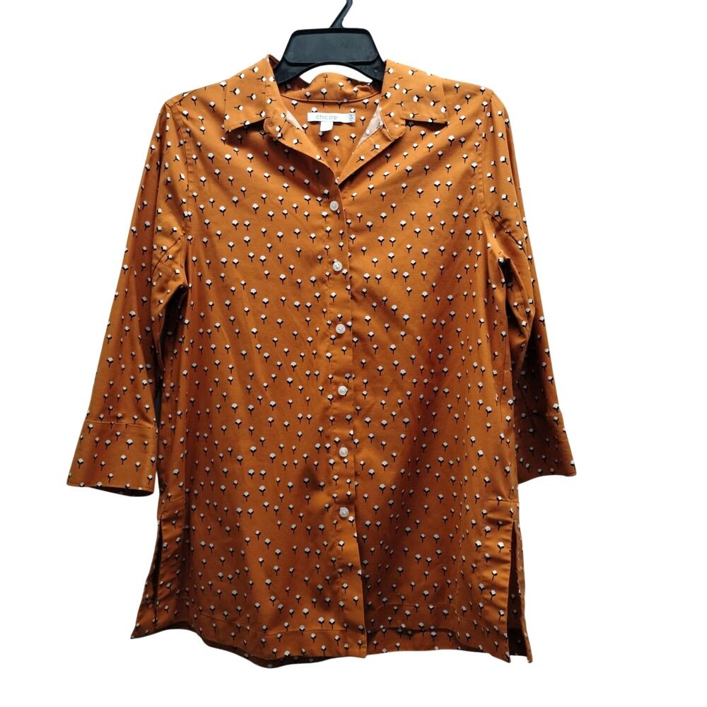 Chico's Size Small (0) US 4 Orange Button Up 3/4 Sleeves Cotton Plant Shirt